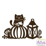 Autumn Scene With A Cat, Pumpkin And Lantern