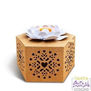 Hexagonal Gift Box With Flower & Hearts svg cut file