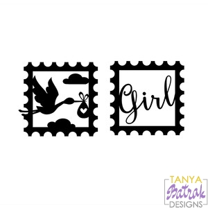 Baby Postage Stamps Girl and Stork svg cut file