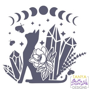 Celestial Cat With Crystals And Flowers